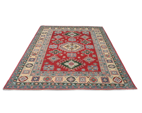 6x8 Red Kuba Afghan Hand Knotted Wool Area Rug